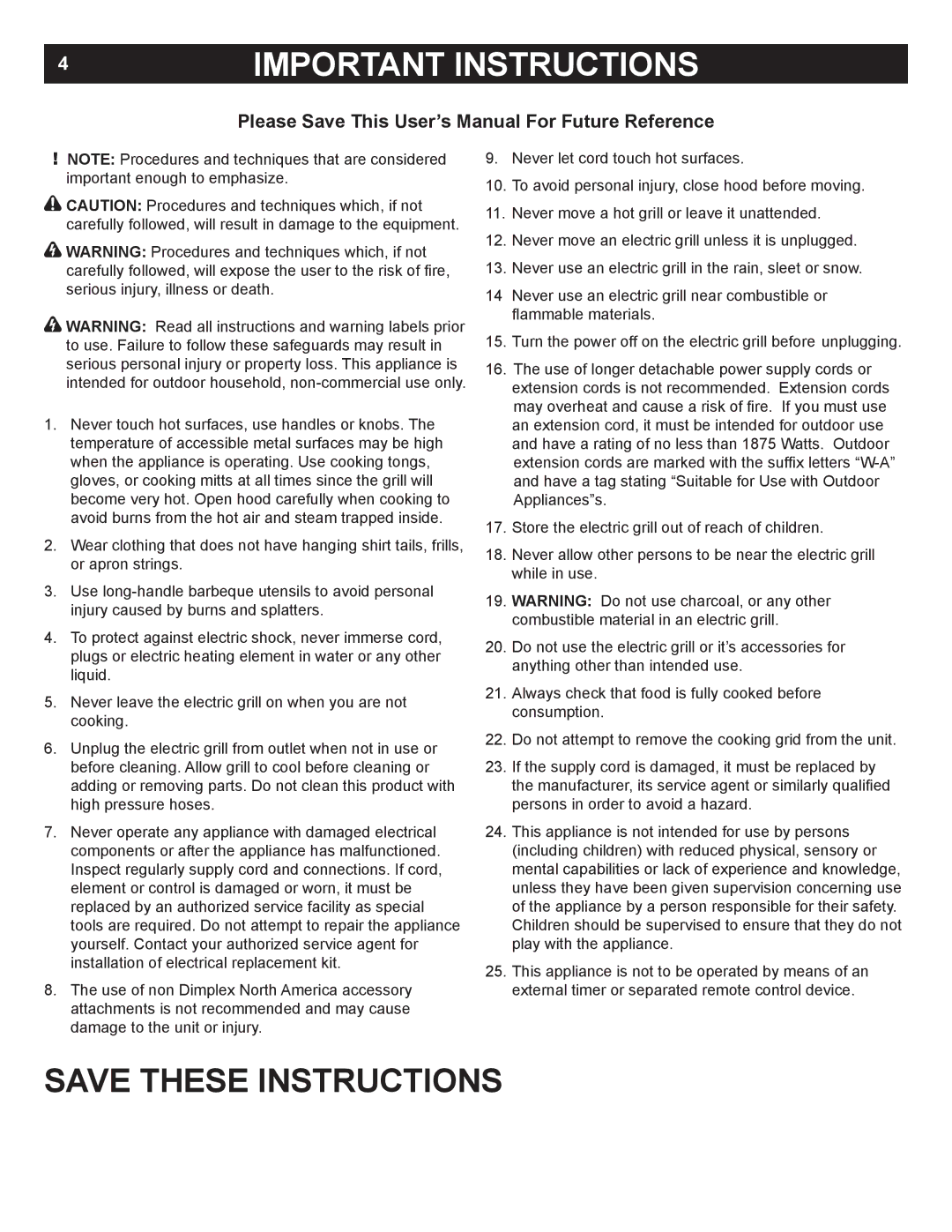 Dimplex TBQ-120-DLX, TBQ-120-REG owner manual 4IMPORTANT Instructions, Please Save This User’s Manual For Future Reference 