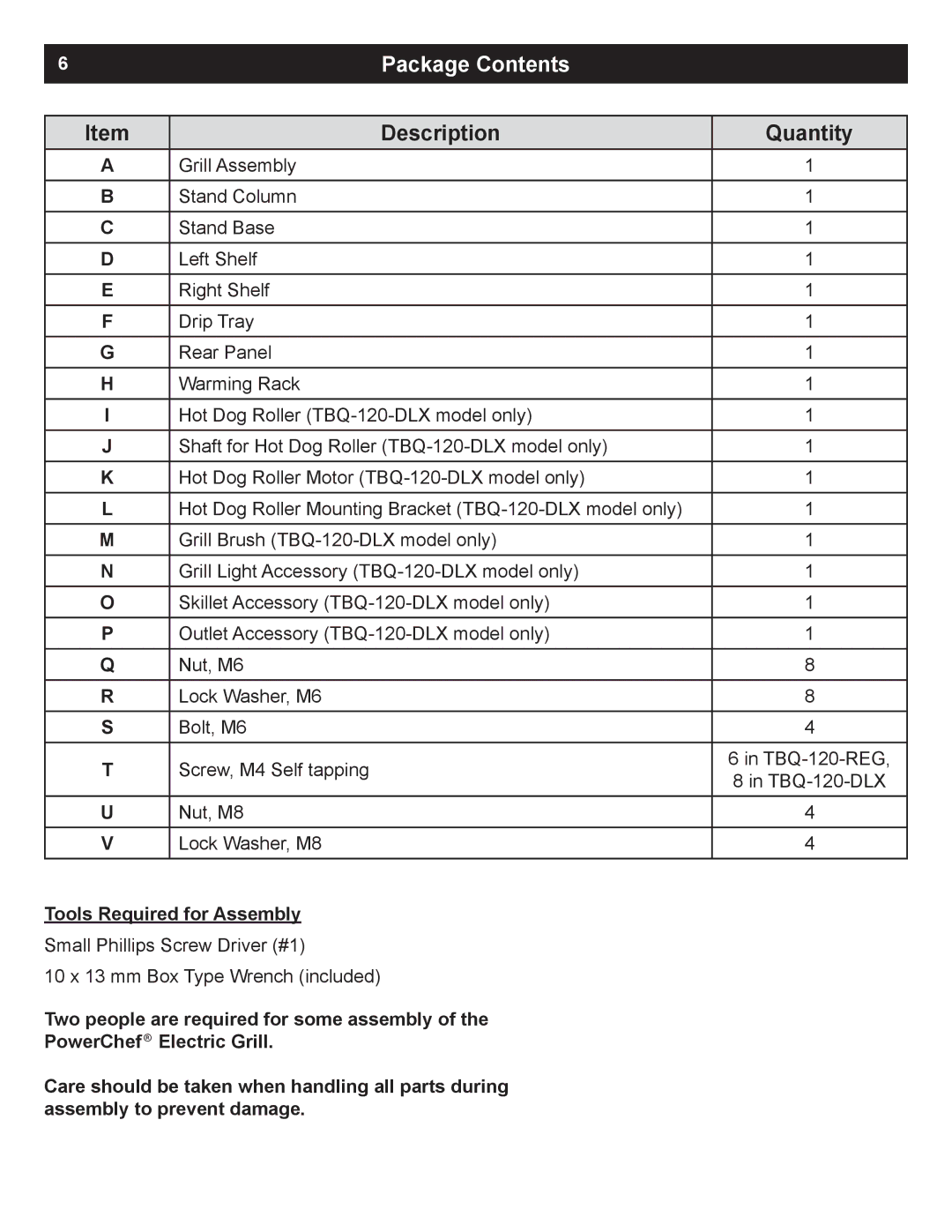 Dimplex TBQ-120-DLX, TBQ-120-REG owner manual Description, Tools Required for Assembly 