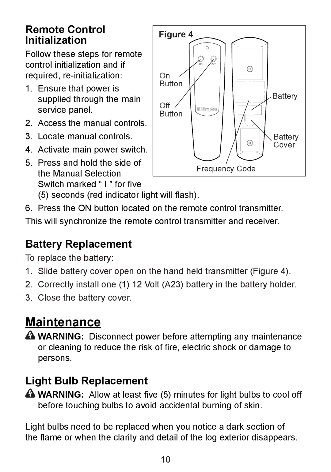 Dimplex TDS8515, CDS8515 Maintenance, Remote Control Initialization, Battery Replacement, Light Bulb Replacement 