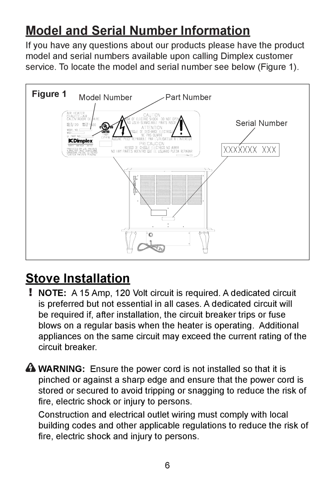 Dimplex TDS8515, CDS8515 owner manual Model and Serial Number Information, Stove Installation 