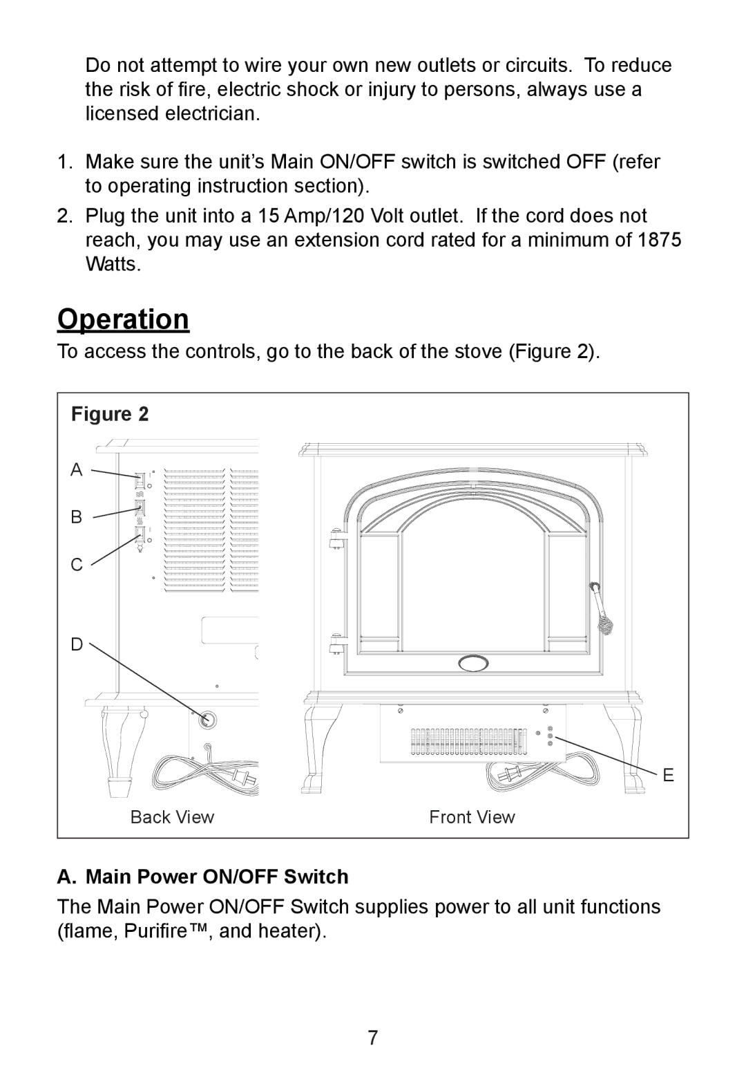 Dimplex CDS8515, TDS8515 owner manual Operation, Main Power ON/OFF Switch 