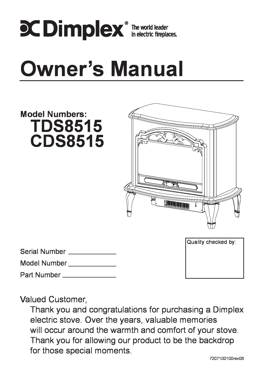 Dimplex owner manual TDS8515 CDS8515, Model Numbers 