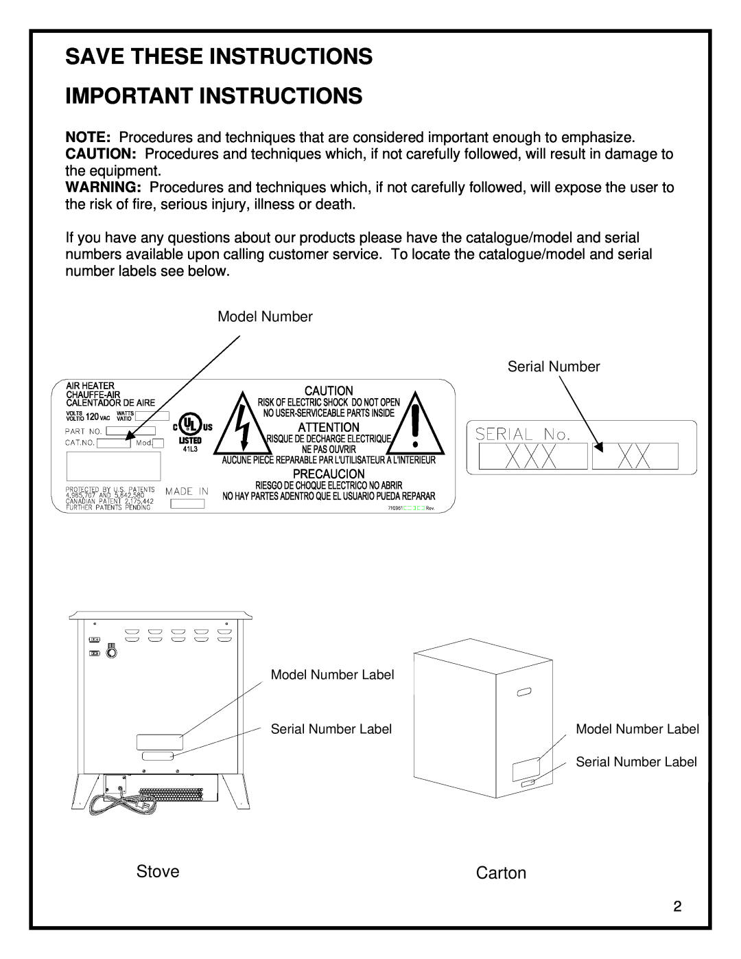 Dimplex THE ELECTRIC STOVE manual Save These Instructions Important Instructions, Stove, Carton 
