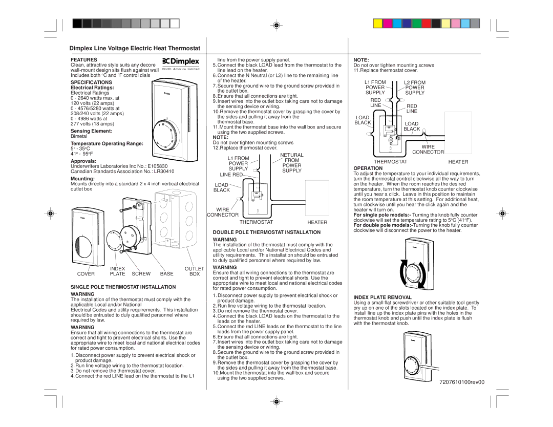 Dimplex TS521W specifications Dimplex Line Voltage Electric Heat Thermostat 