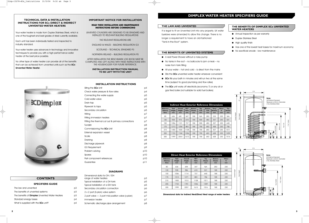 Dimplex Unvented Water Heater installation manual Dimplex Water Heater Specifiers Guide 