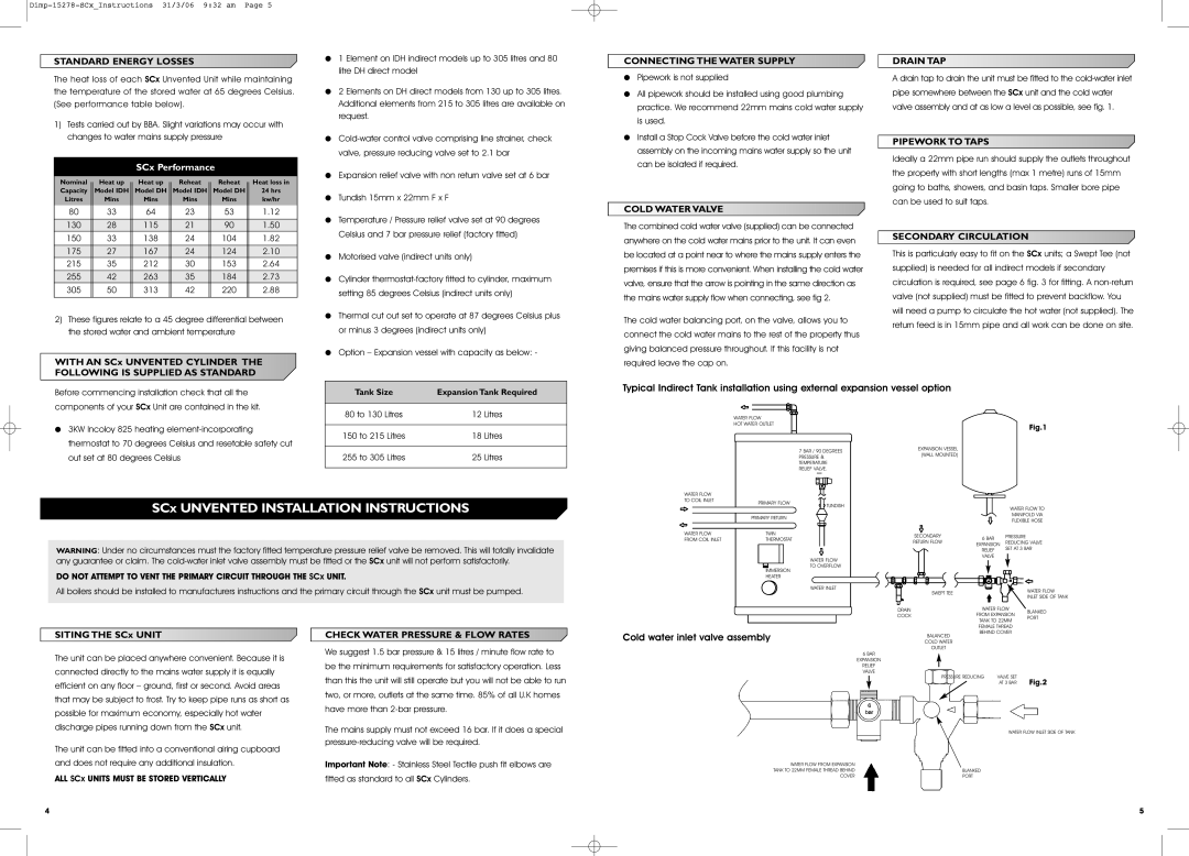 Dimplex Unvented Water Heater installation manual SCx Performance, Connecting the Water Supply, Secondary Circulation 