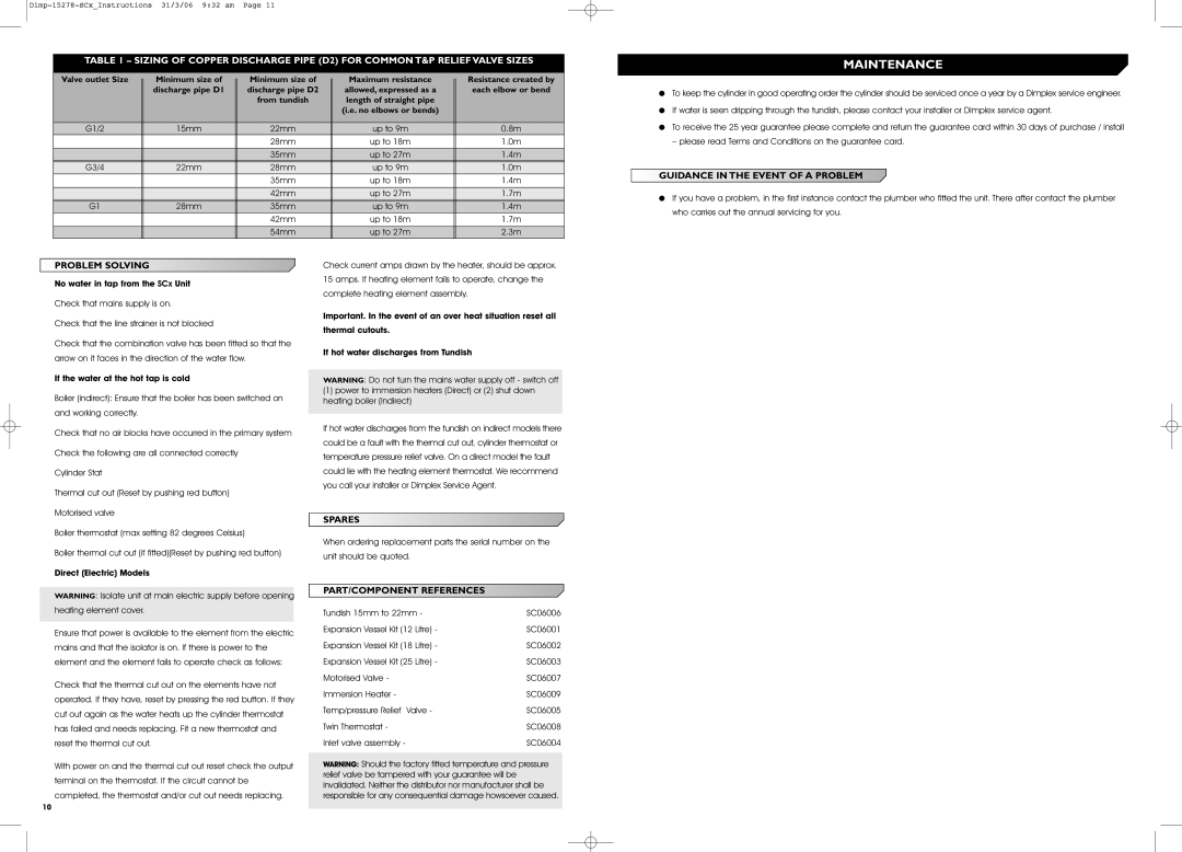 Dimplex Unvented Water Heater Guidance in the Event of a Problem, Problem Solving, Spares, PART/COMPONENT References 