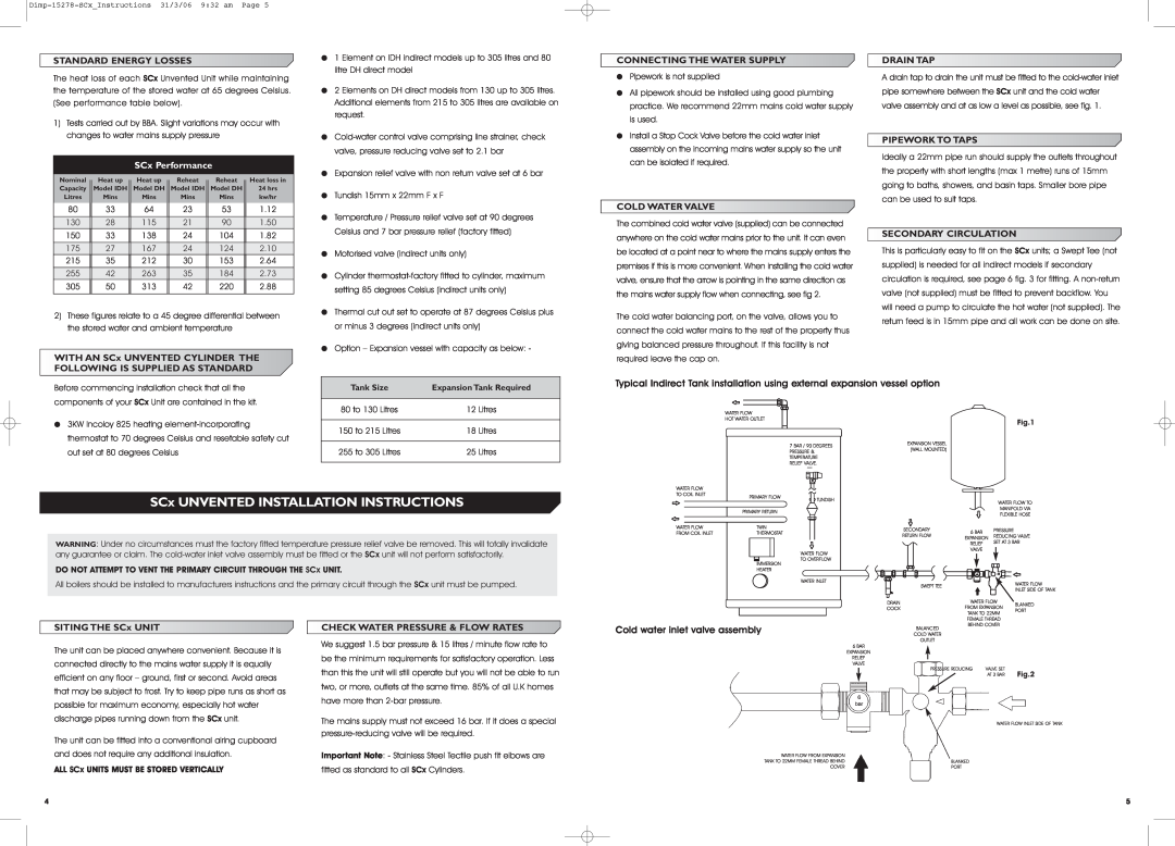 Dimplex Unvented Water Heater SCx UNVENTED INSTALLATION INSTRUCTIONS, Standard Energy Losses, SCx Performance, Drain Tap 