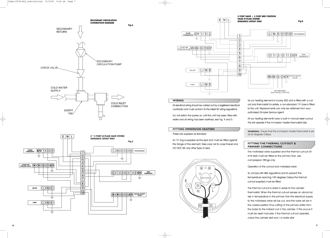 Dimplex Unvented Water Heater Wiring, Fitting Immersion Heaters, Fitting The Thermal Cut-Out Primary Connections, E N L 