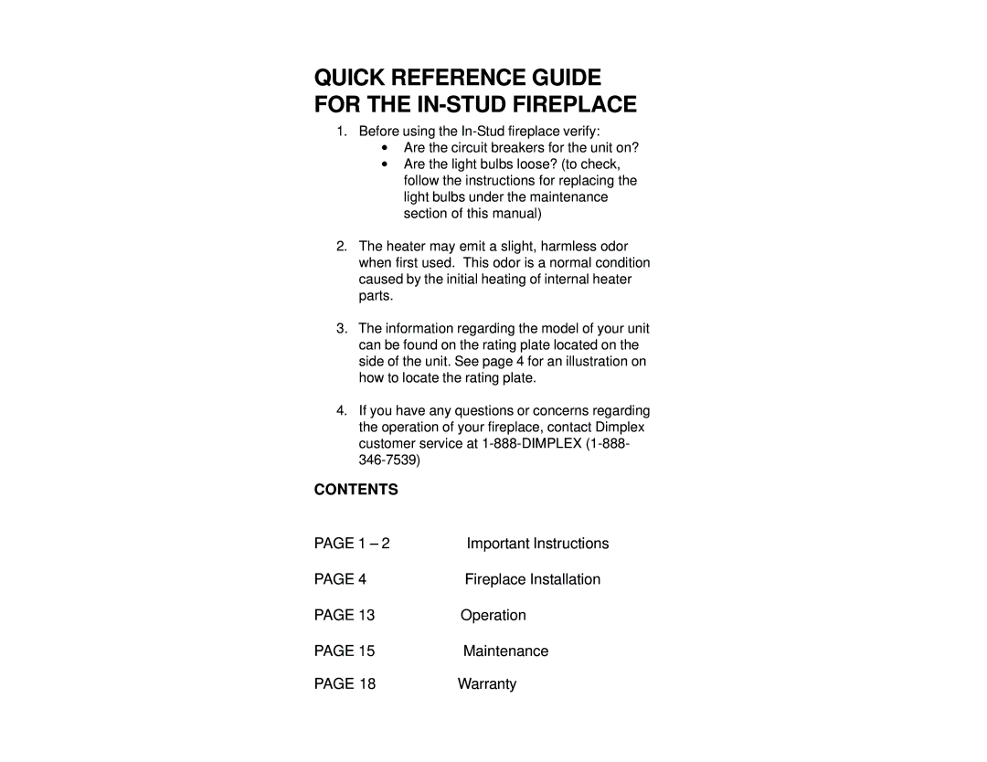 Dimplex V1525BT, V1525RT manual Quick Reference Guide for the IN-STUD Fireplace 