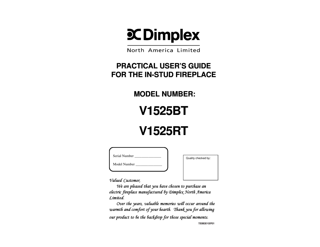 Dimplex manual Model Number, Practical User’S Guide For The In-Studfireplace, V1525BT V1525RT 