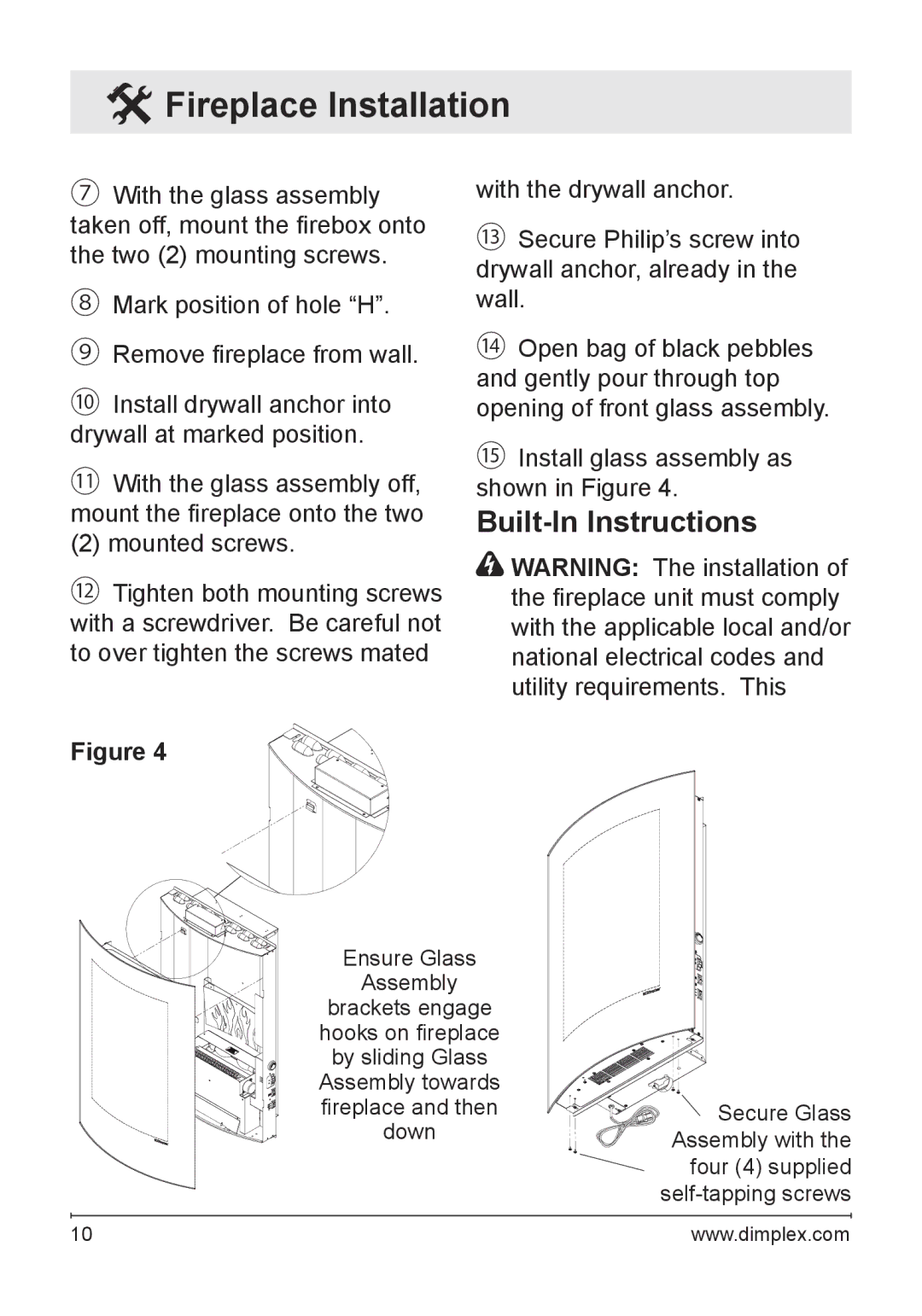 Dimplex VCX1525-WH owner manual Built-In Instructions, Ensure Glass Assembly 