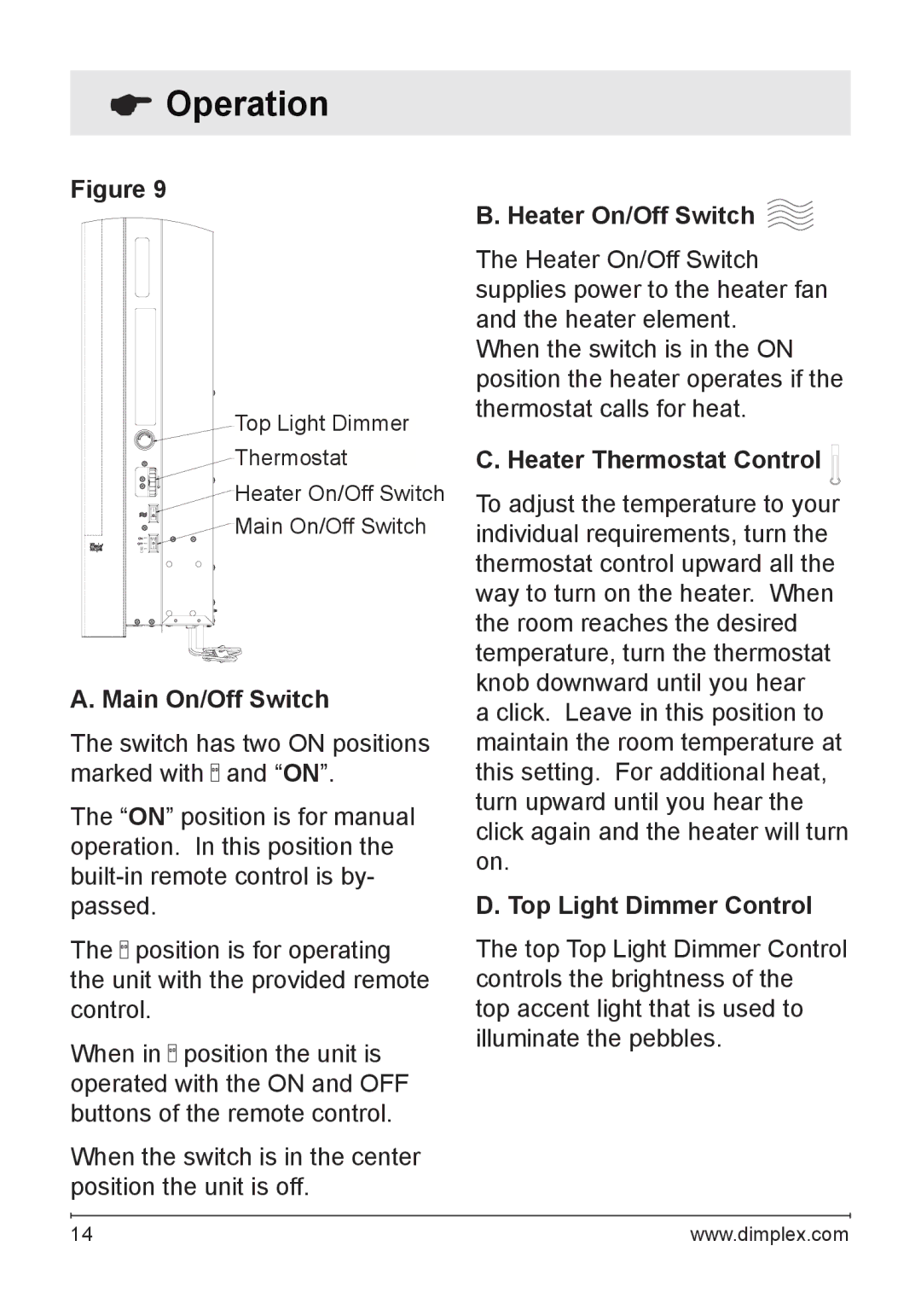 Dimplex VCX1525-WH owner manual Operation, Main On/Off Switch, Heater On/Off Switch, Heater Thermostat Control 