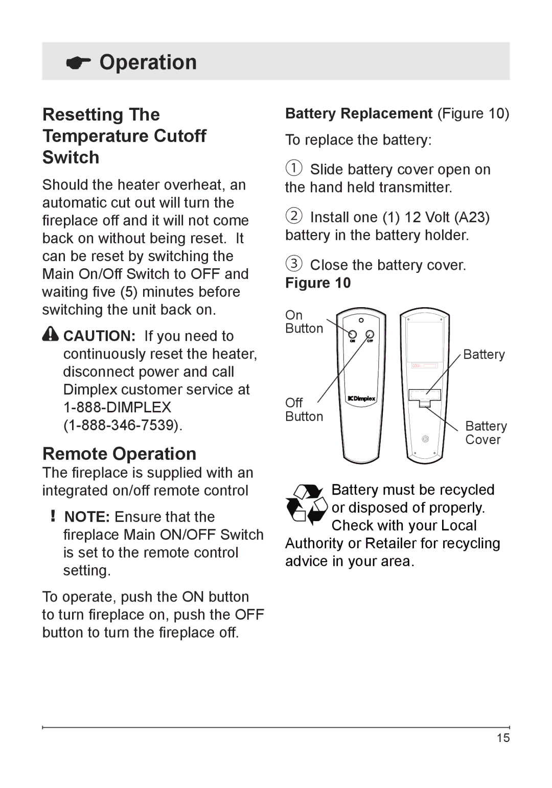 Dimplex VCX1525-WH owner manual Resetting Temperature Cutoff Switch, Remote Operation, Battery Replacement Figure 