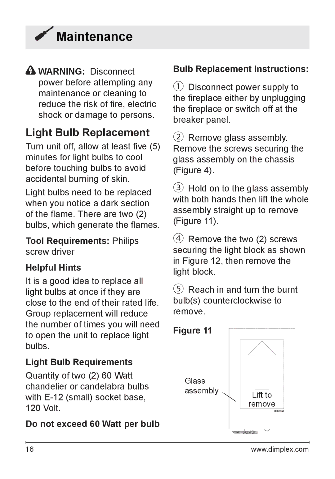 Dimplex VCX1525-WH owner manual Maintenance, Light Bulb Replacement, Tool Requirements Philips screw driver Helpful Hints 