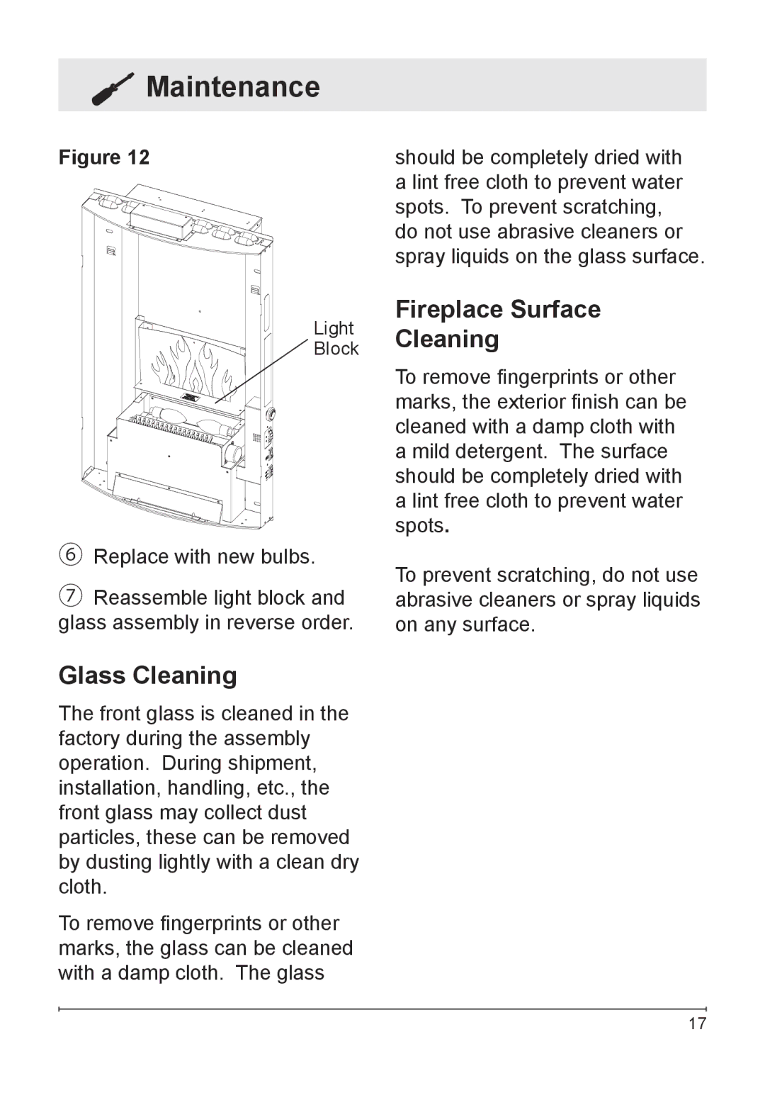 Dimplex VCX1525-WH owner manual Glass Cleaning, Fireplace Surface Cleaning 