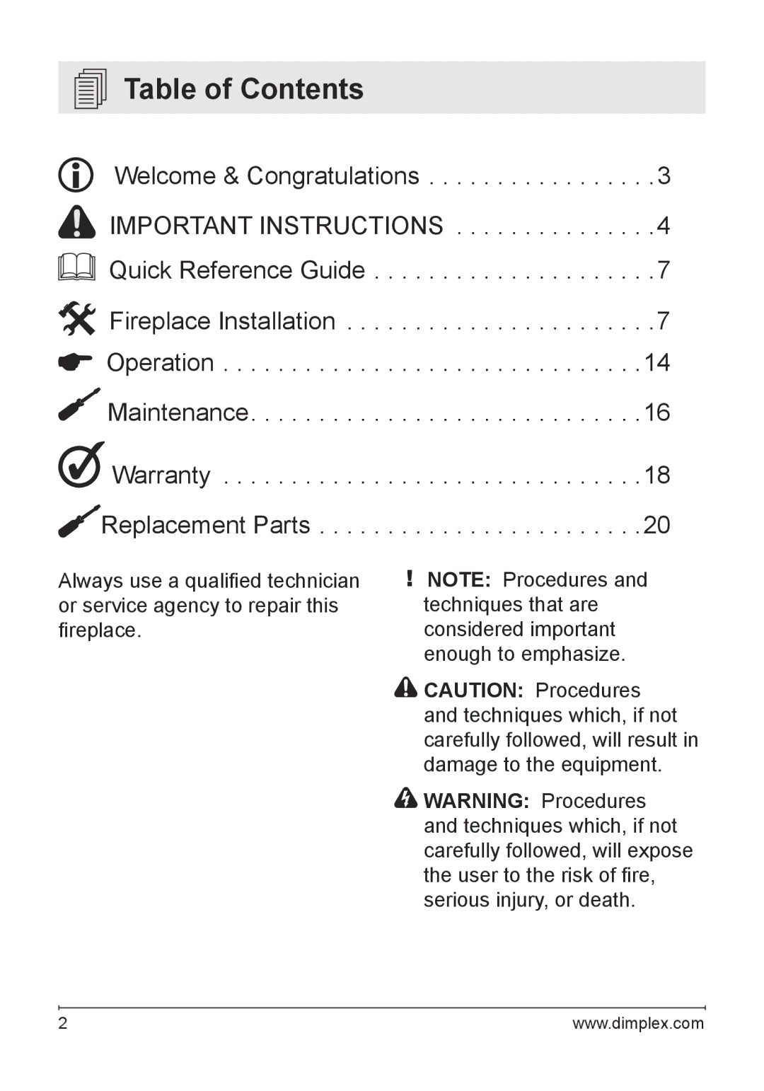 Dimplex VCX1525-WH owner manual Table of Contents 