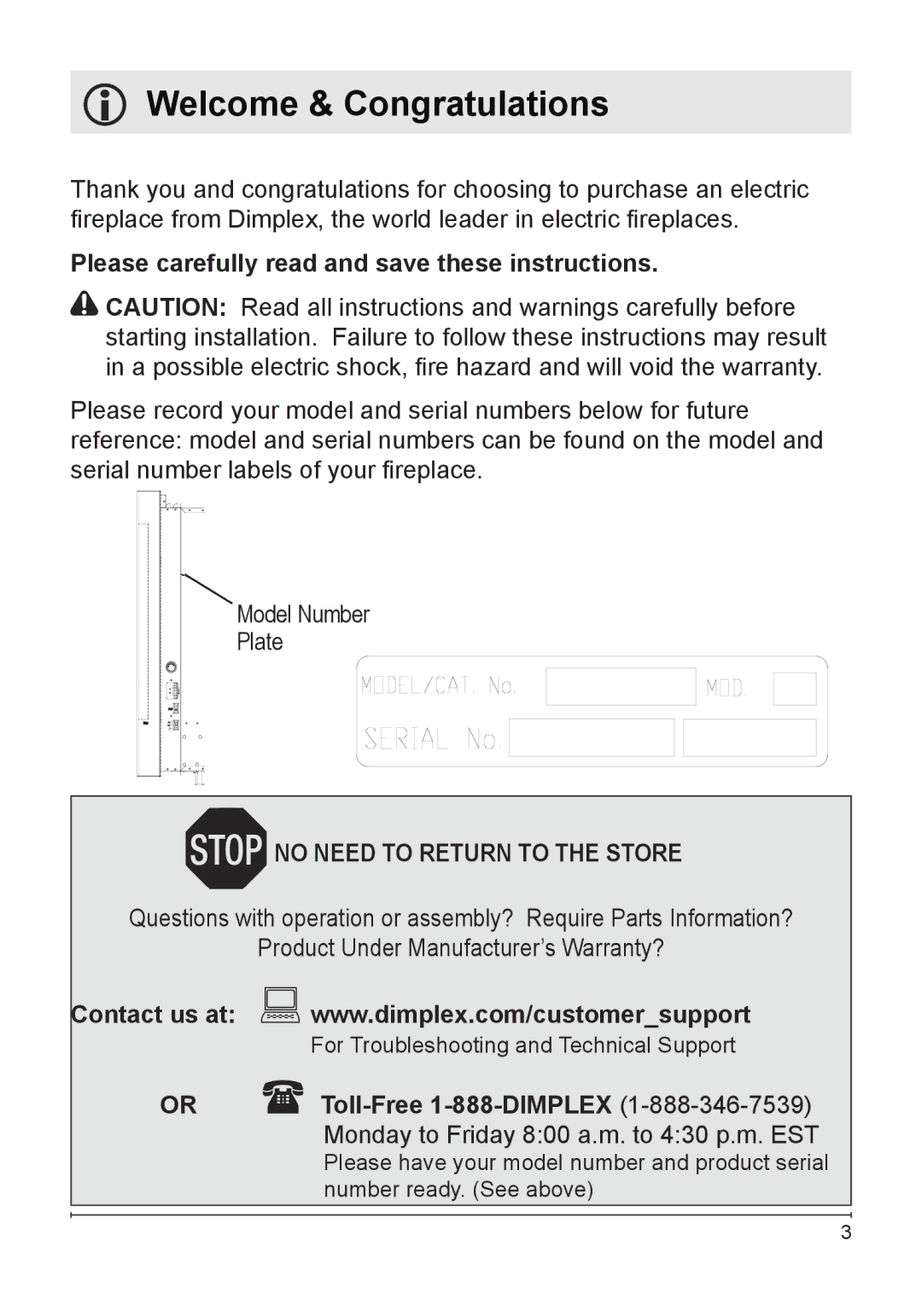 Dimplex VCX1525-WH owner manual Welcome & Congratulations, Please carefully read and save these instructions 