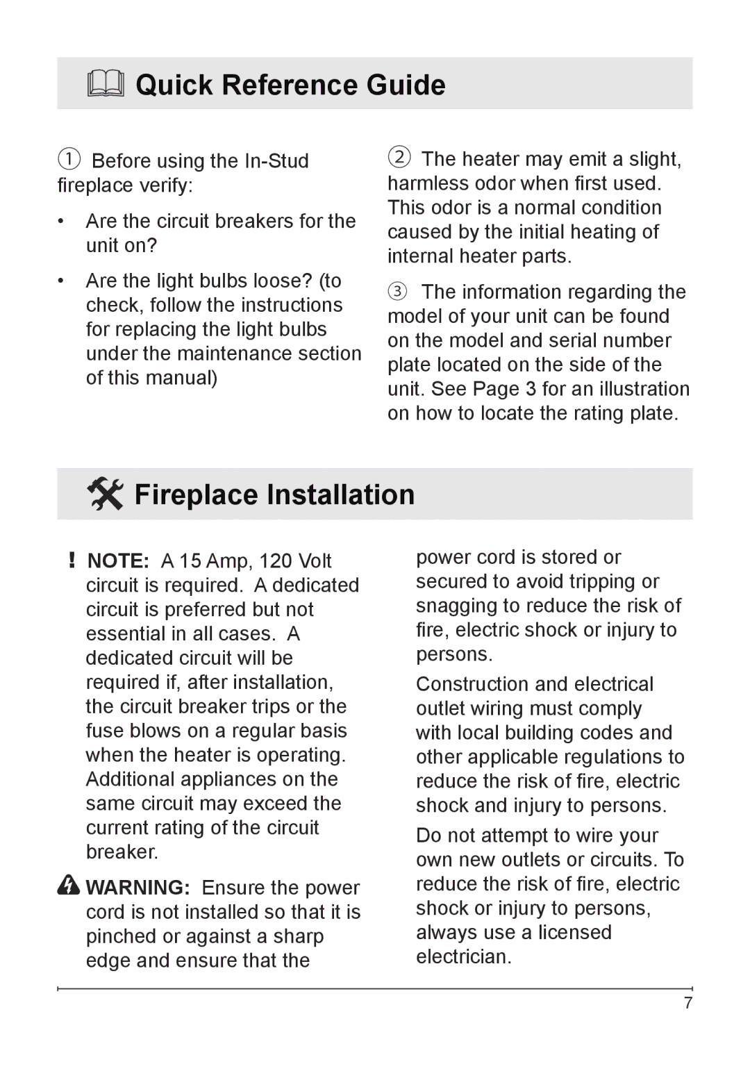 Dimplex VCX1525-WH owner manual Quick Reference Guide, Fireplace Installation 