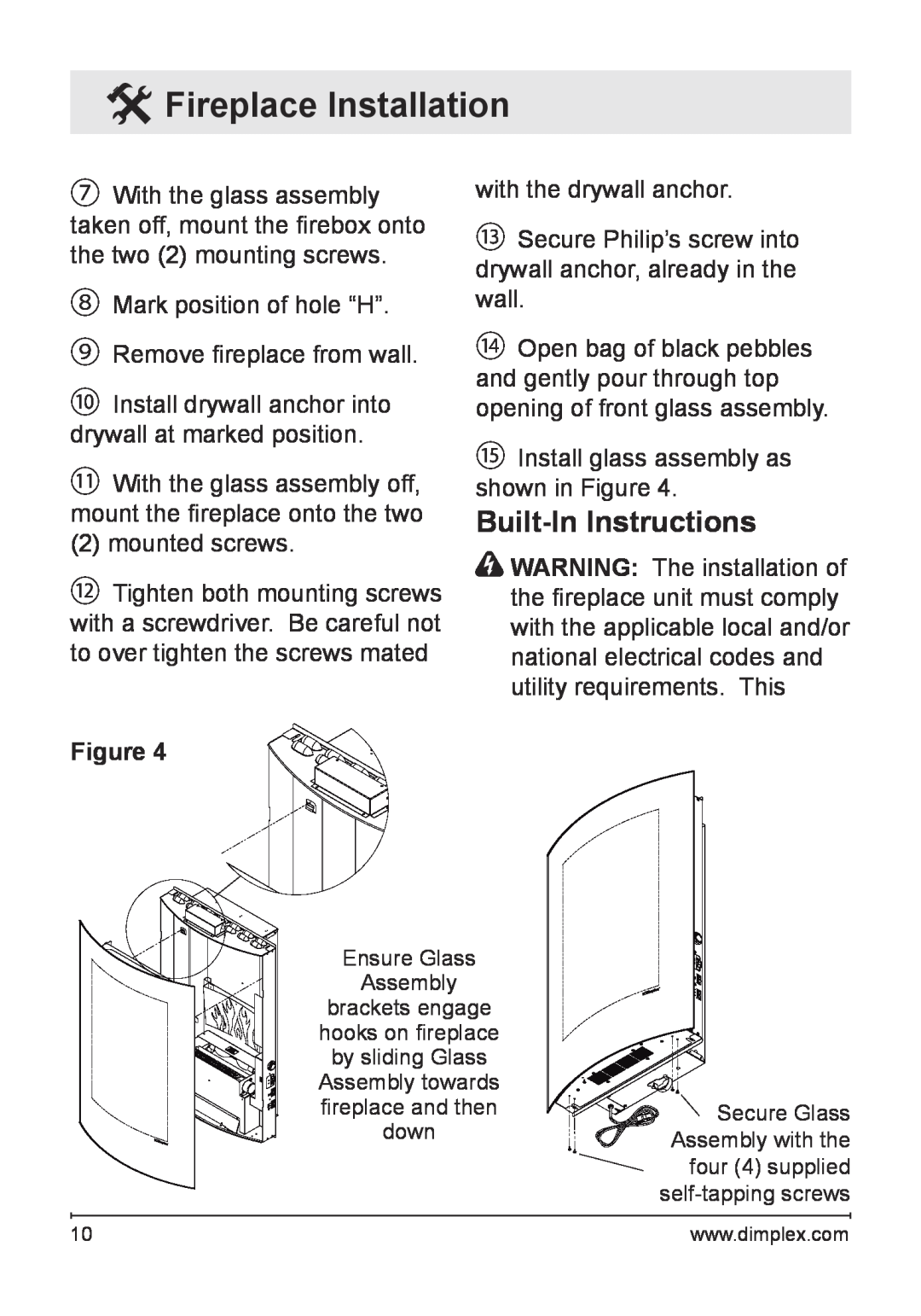 Dimplex VCX1525-WH owner manual Built-InInstructions, Fireplace Installation 