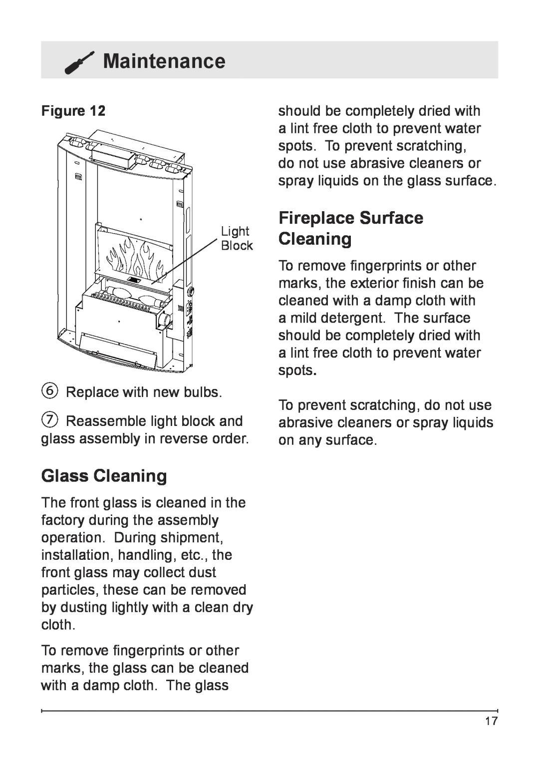 Dimplex VCX1525-WH owner manual Glass Cleaning, Fireplace Surface Cleaning, Maintenance 