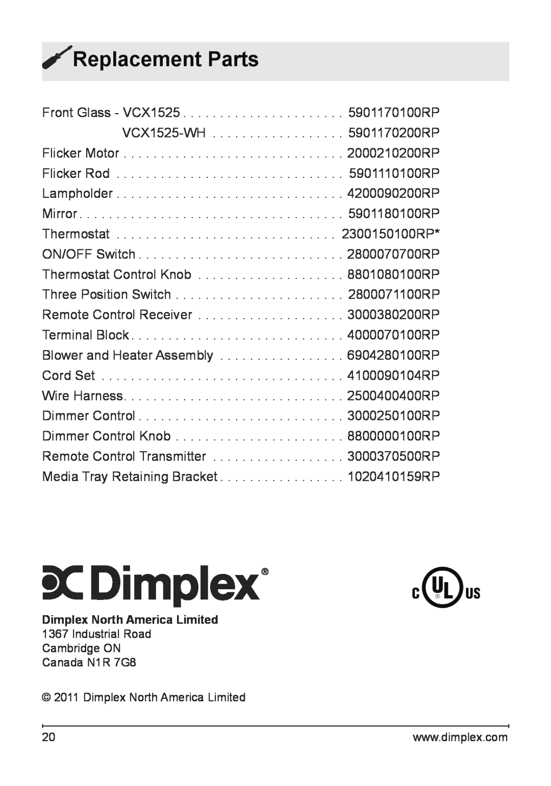 Dimplex VCX1525-WH owner manual Replacement Parts 