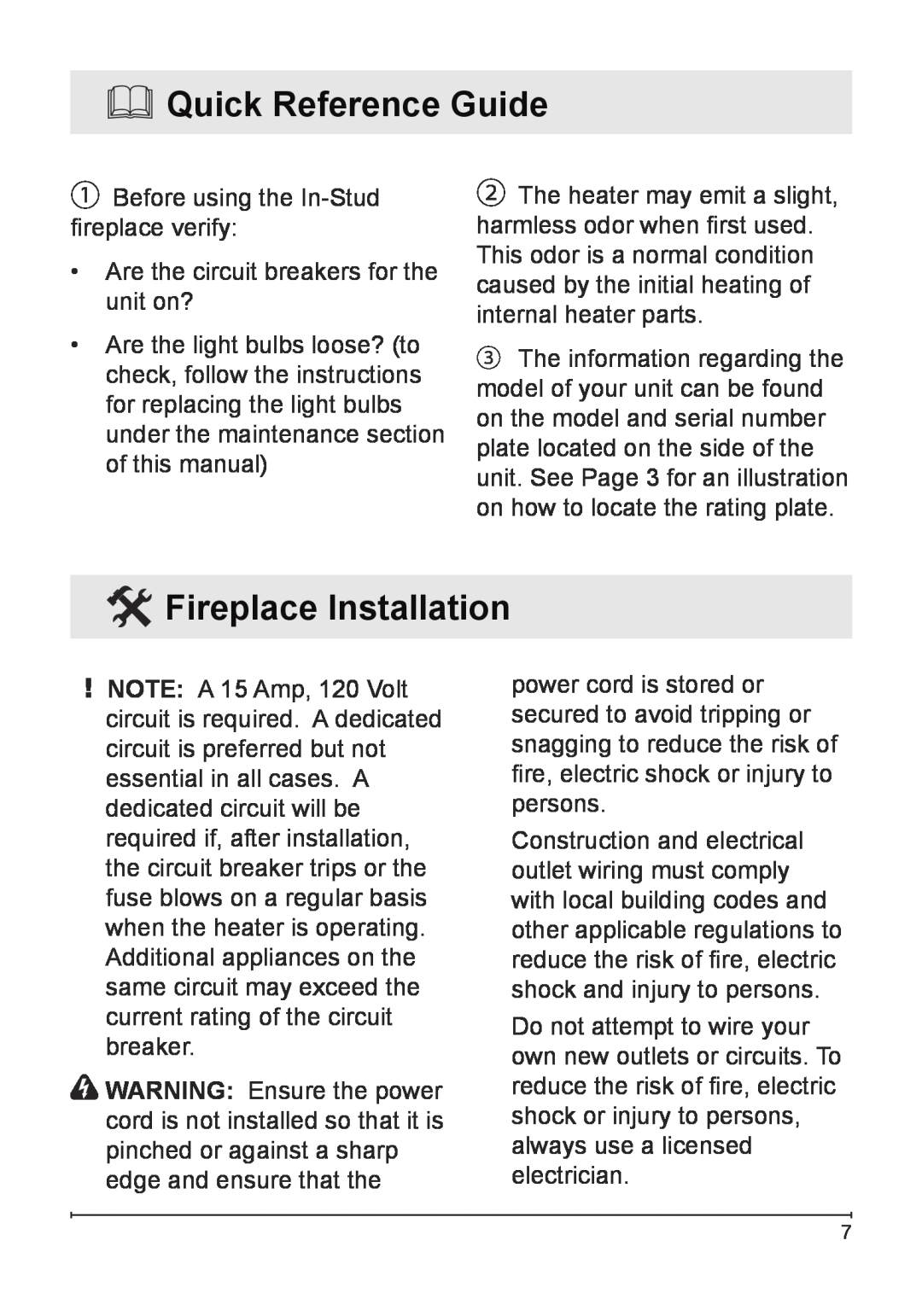 Dimplex VCX1525-WH owner manual Quick Reference Guide, Fireplace Installation 