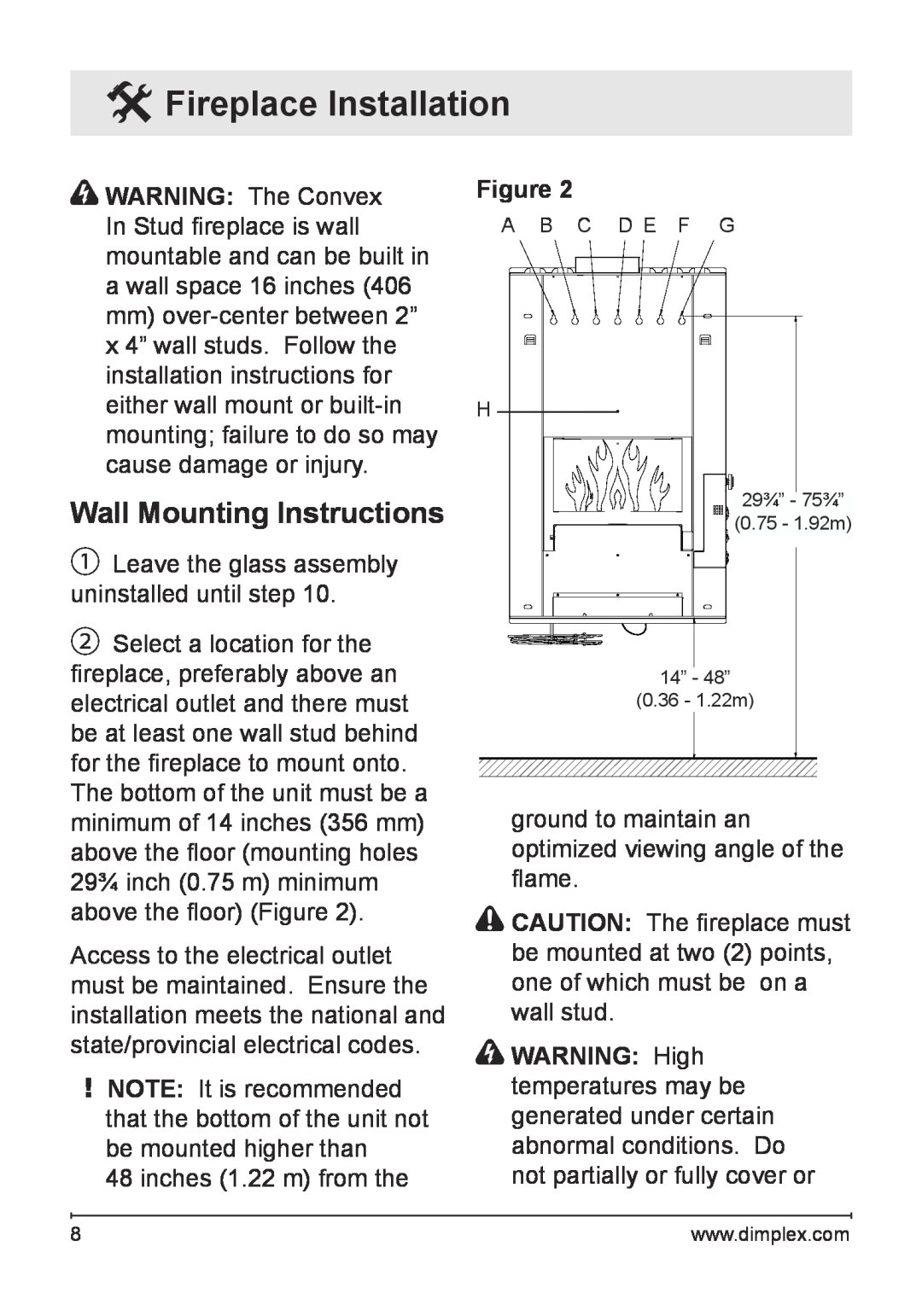 Dimplex VCX1525-WH owner manual Wall Mounting Instructions, Fireplace Installation 