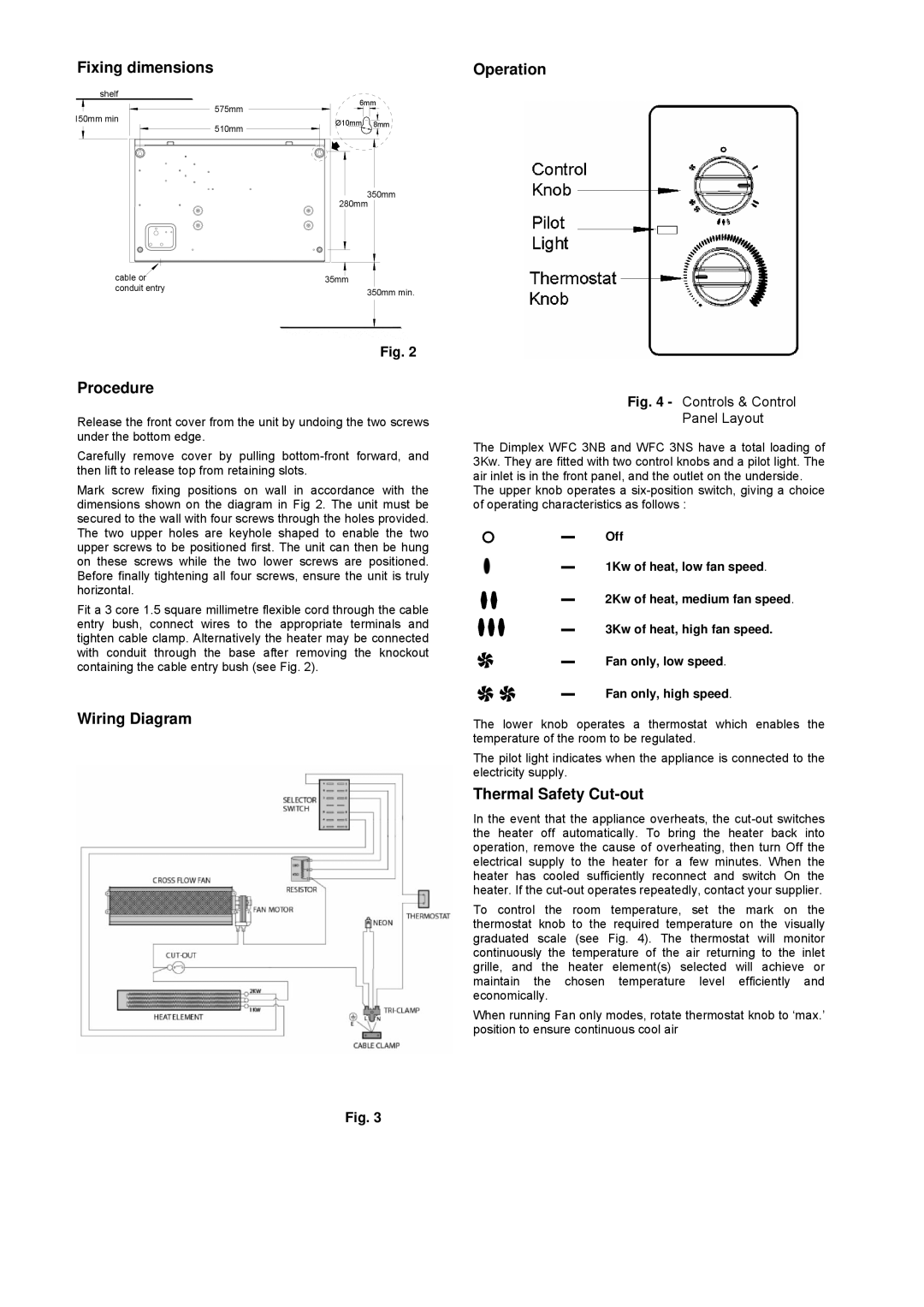 Dimplex WFC 3NB, WFC 3NS Fixing dimensions, Operation, Procedure, Wiring Diagram, Thermal Safety Cut-out 