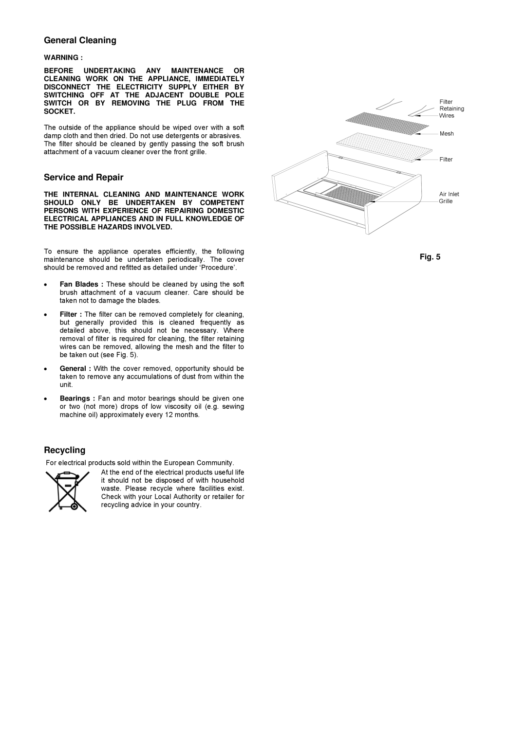 Dimplex WFC 3NS, WFC 3NB dimensions General Cleaning, Service and Repair, Recycling 