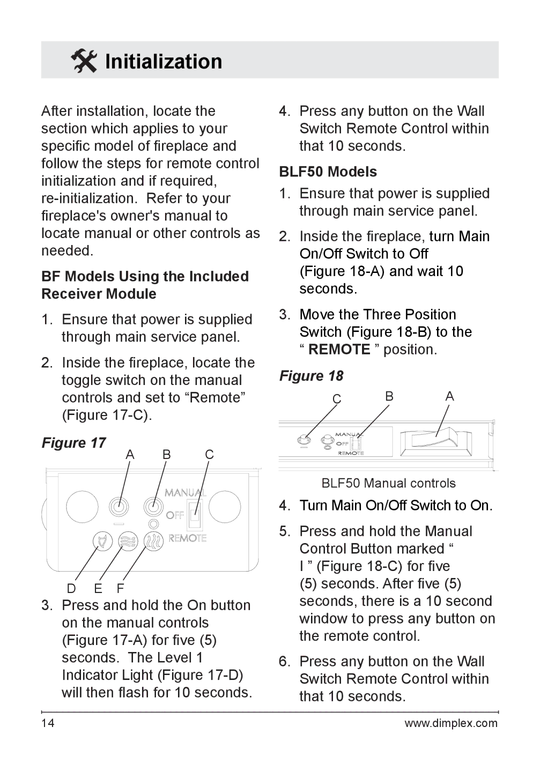 Dimplex WRCPF-KIT owner manual Initialization, BF Models Using the Included Receiver Module, BLF50 Models 