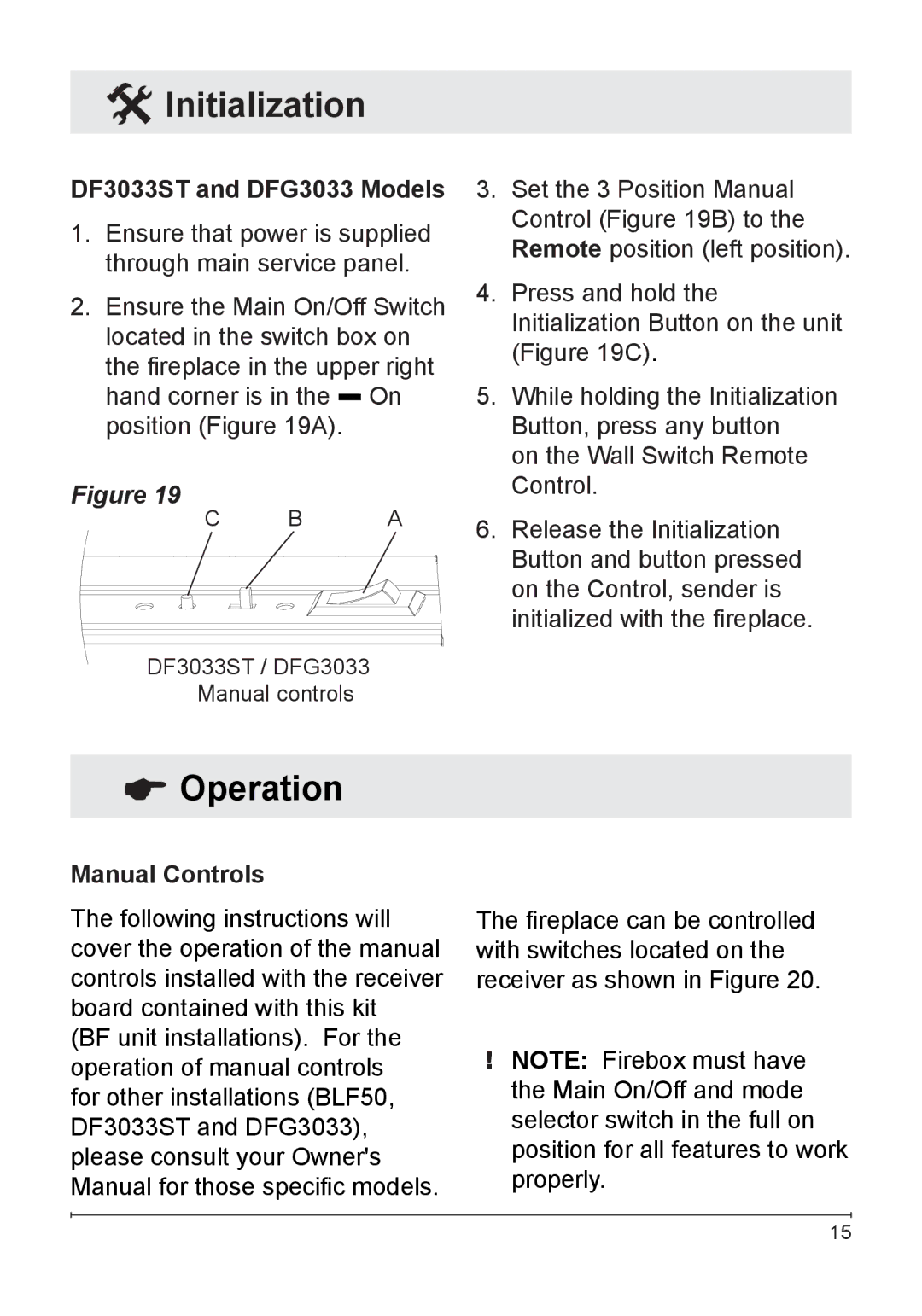 Dimplex WRCPF-KIT owner manual Operation, DF3033ST and DFG3033 Models, Manual Controls 