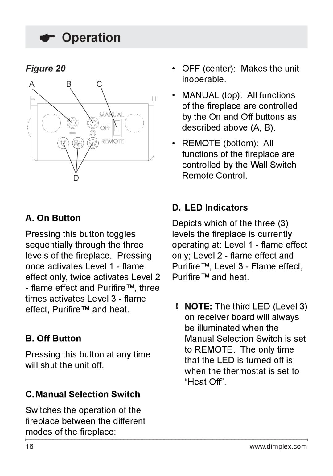 Dimplex WRCPF-KIT owner manual On Button, Off Button, Manual Selection Switch, LED Indicators 