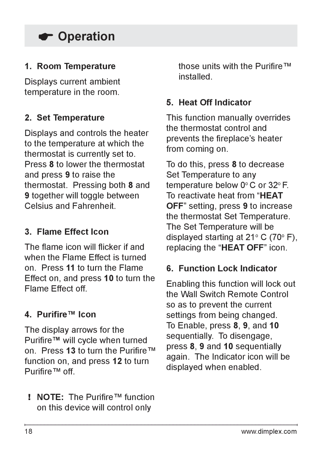 Dimplex WRCPF-KIT owner manual Set Temperature, Flame Effect Icon, Purifire Icon 