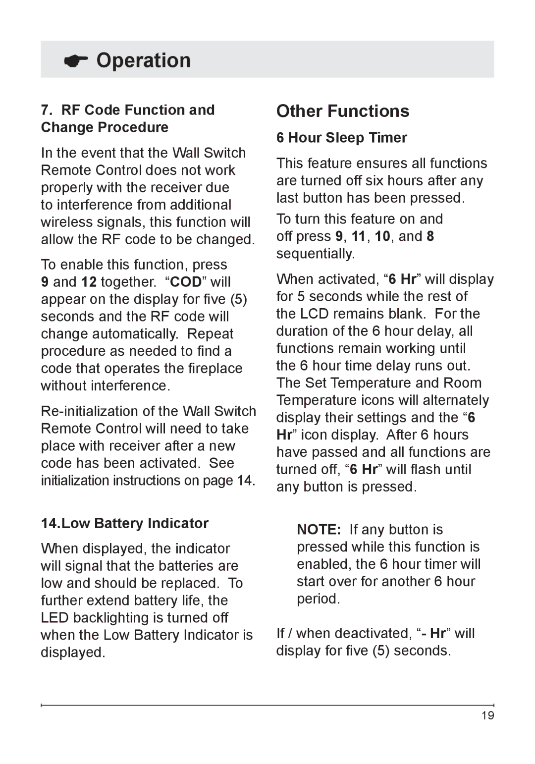 Dimplex WRCPF-KIT owner manual RF Code Function and Change Procedure, Hour Sleep Timer 