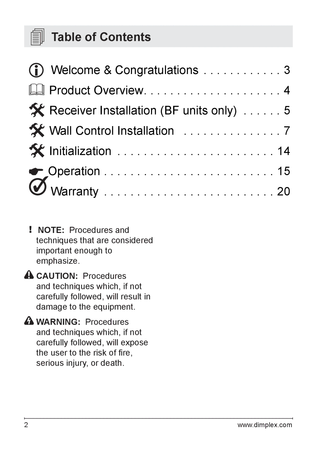 Dimplex WRCPF-KIT owner manual Table of Contents 