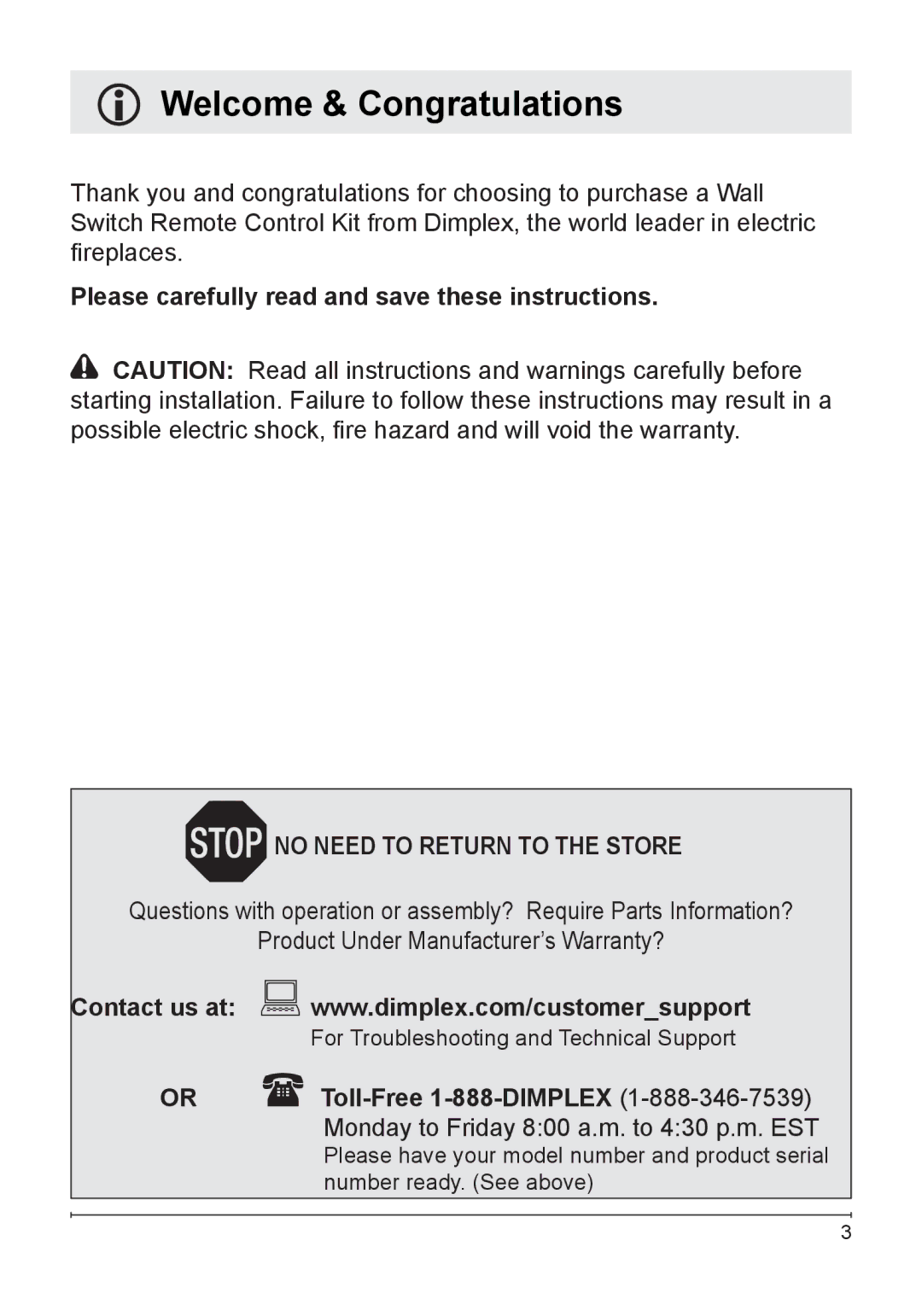 Dimplex WRCPF-KIT owner manual Welcome & Congratulations, Please carefully read and save these instructions 