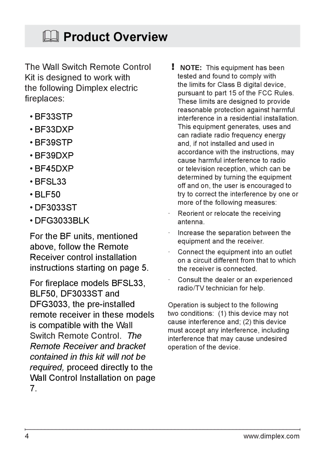 Dimplex WRCPF-KIT owner manual Product Overview, BF33STP BF33DXP BF39STP BF39DXP BF45DXP 