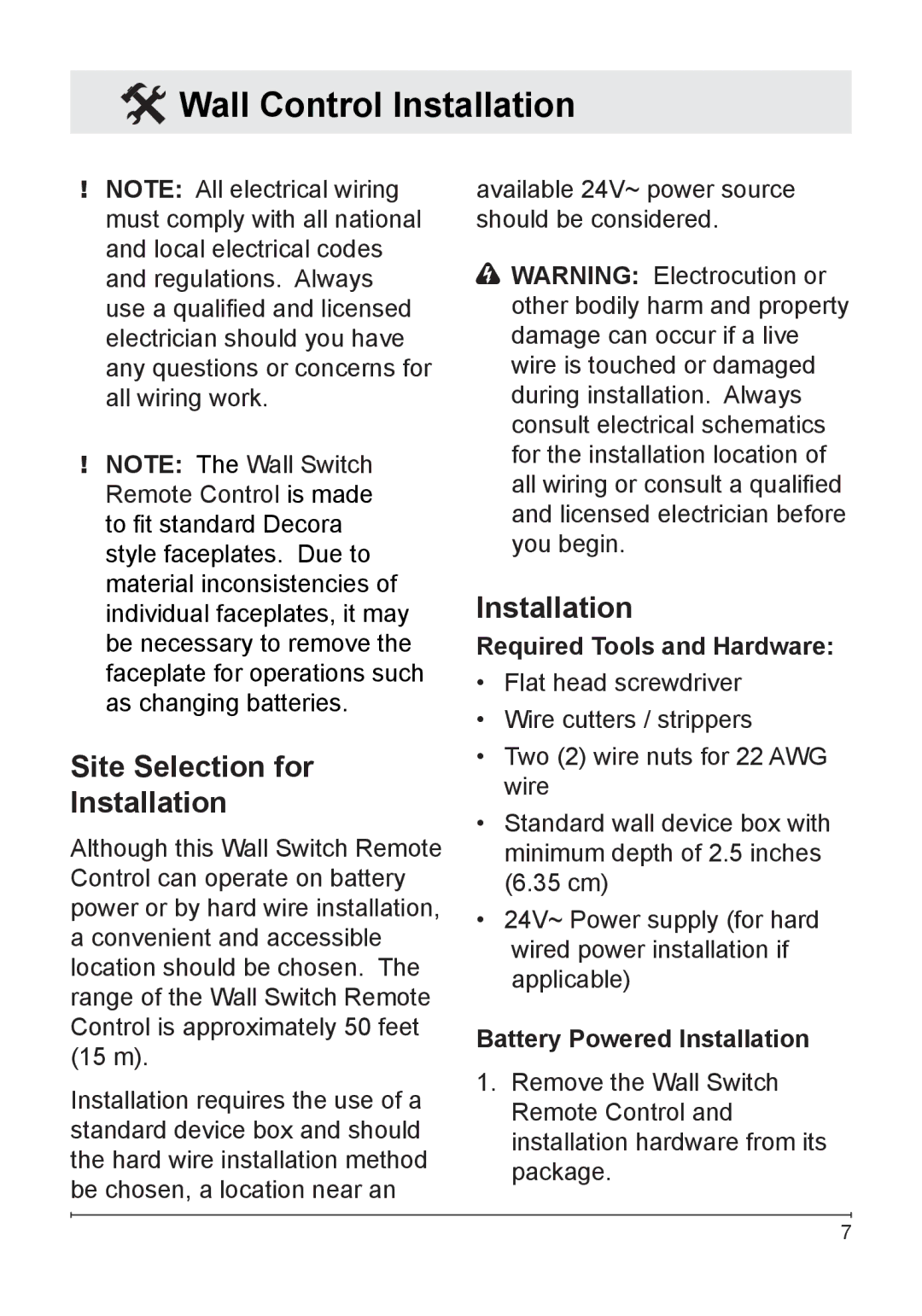 Dimplex WRCPF-KIT owner manual Wall Control Installation, Required Tools and Hardware, Battery Powered Installation 