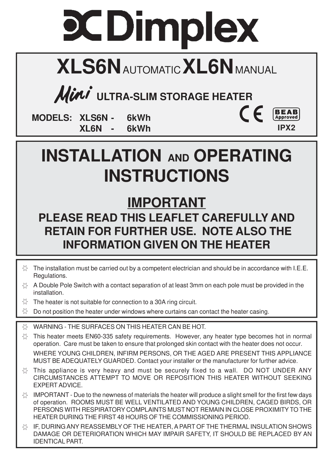 Dimplex XLS6N, XL6N installation instructions Installation and Operating Instructions 