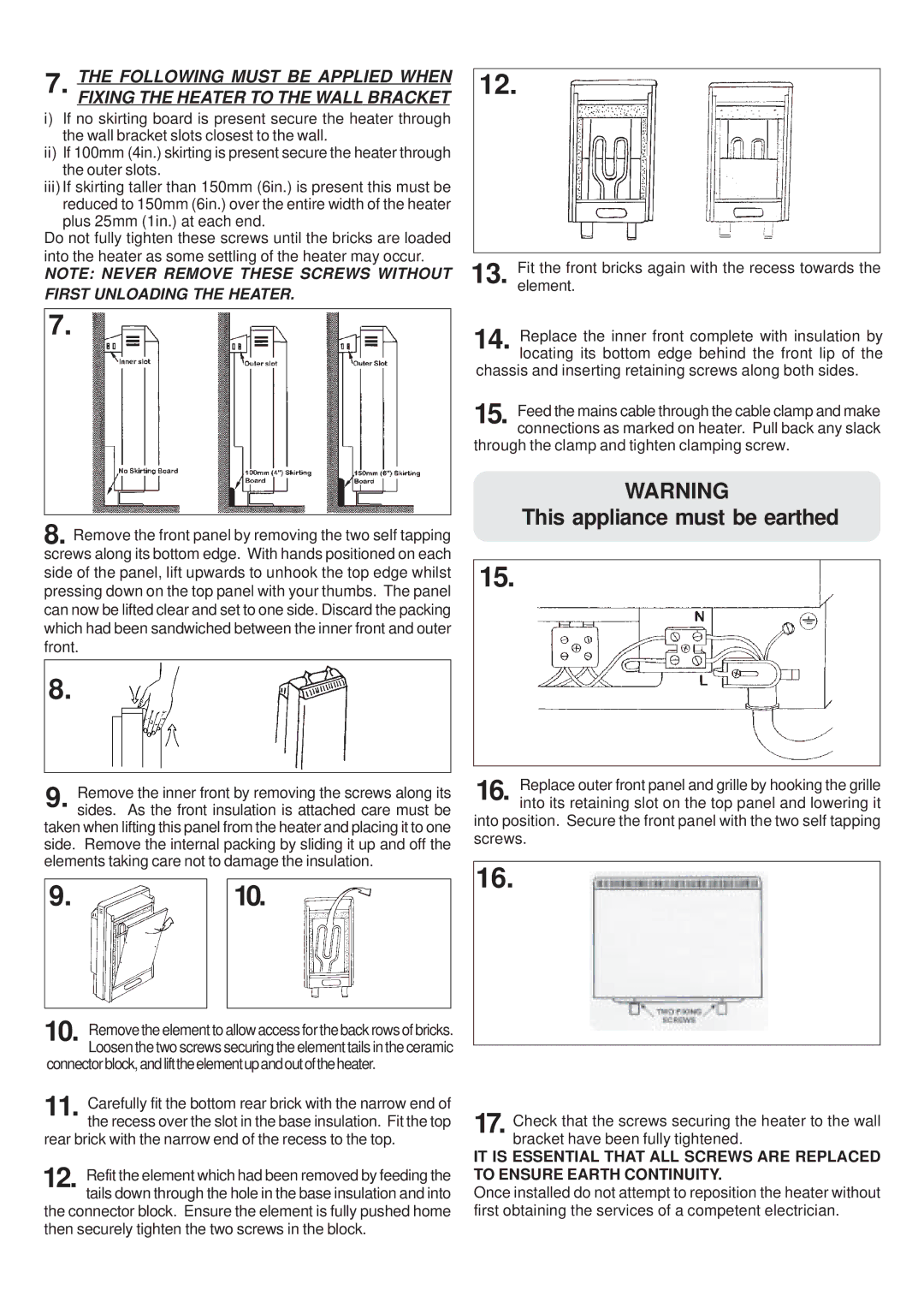 Dimplex XLS6N, XL6N installation instructions This appliance must be earthed 