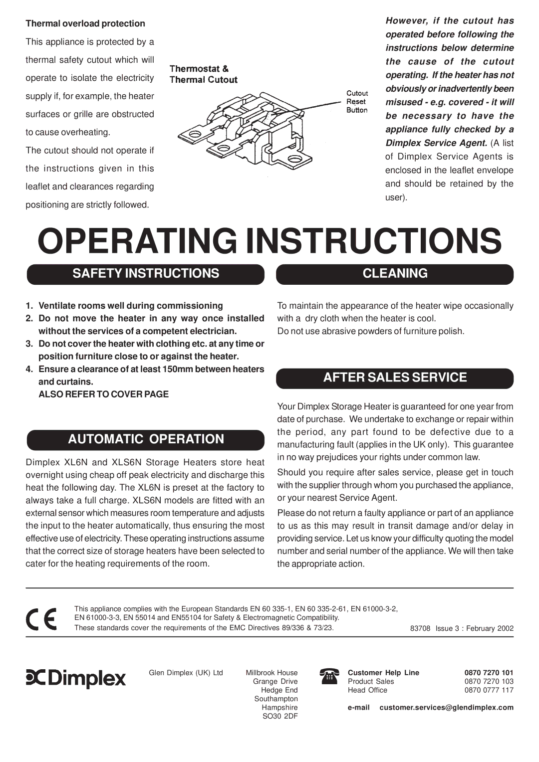 Dimplex XL6N, XLS6N installation instructions Operating Instructions 