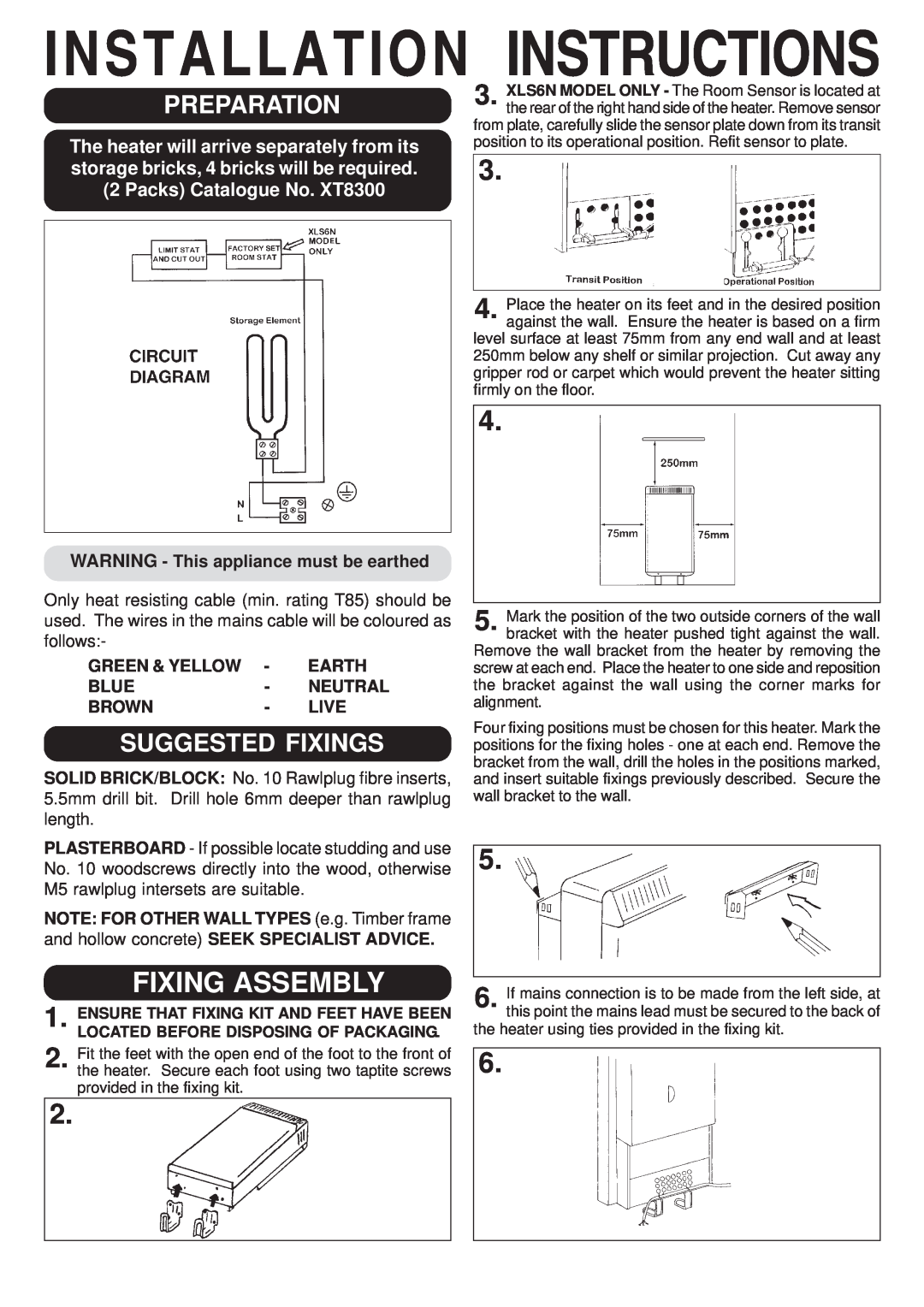 Dimplex XL6N Installation Instructions, Fixing Assembly, Preparation, Suggested Fixings, Packs Catalogue No. XT8300, Earth 