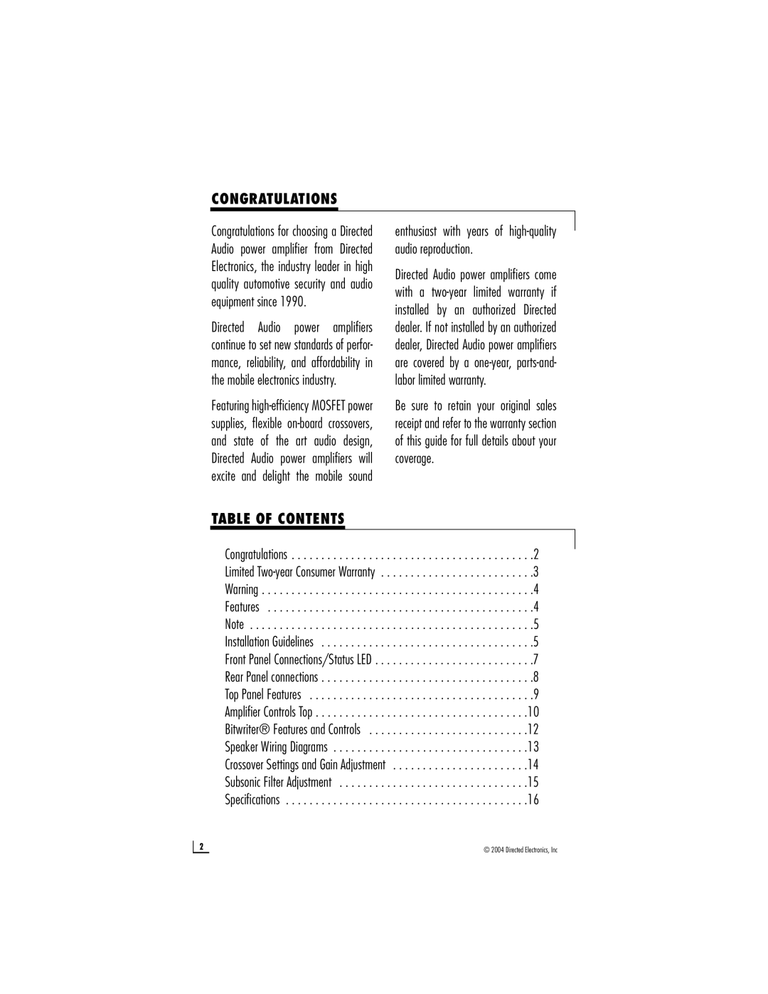 Directed Audio 1200T manual Congratulations, Table of Contents 