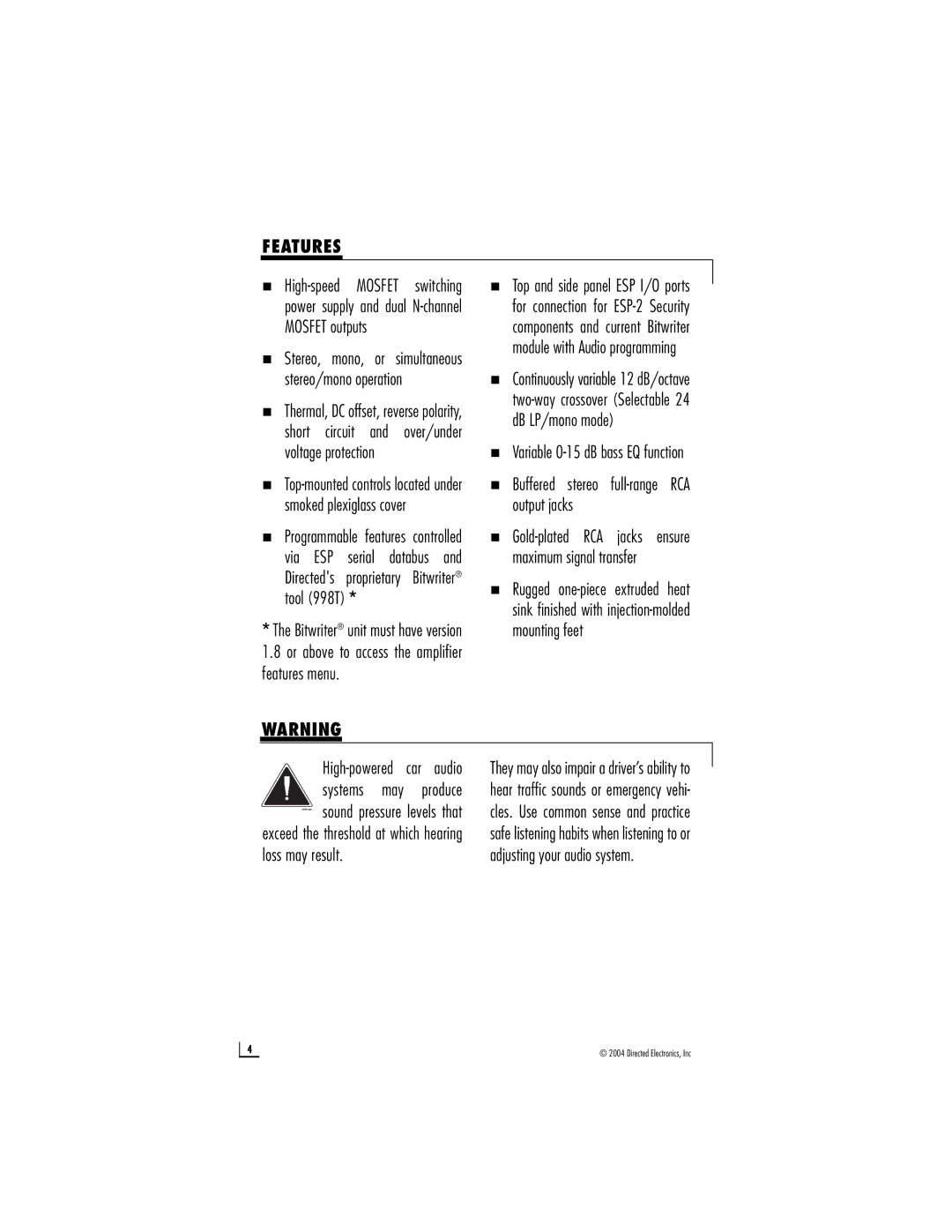 Directed Audio 1200T manual Features, „ Variable 0-15 dB bass EQ function 