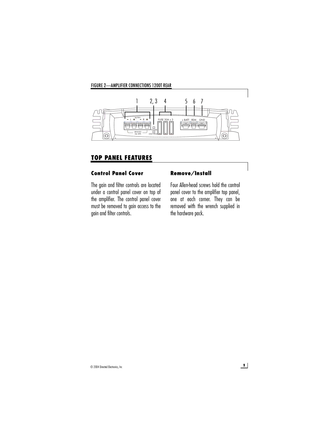 Directed Audio 1200T manual TOP Panel Features, Control Panel Cover 