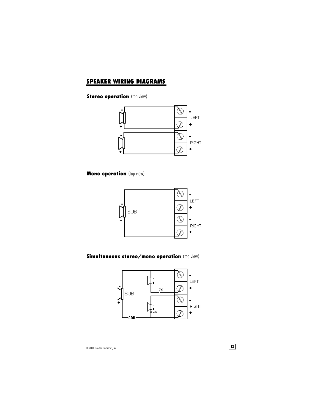 Directed Audio 1200T manual Speaker Wiring Diagrams, Stereo operation top view Mono operation top view 