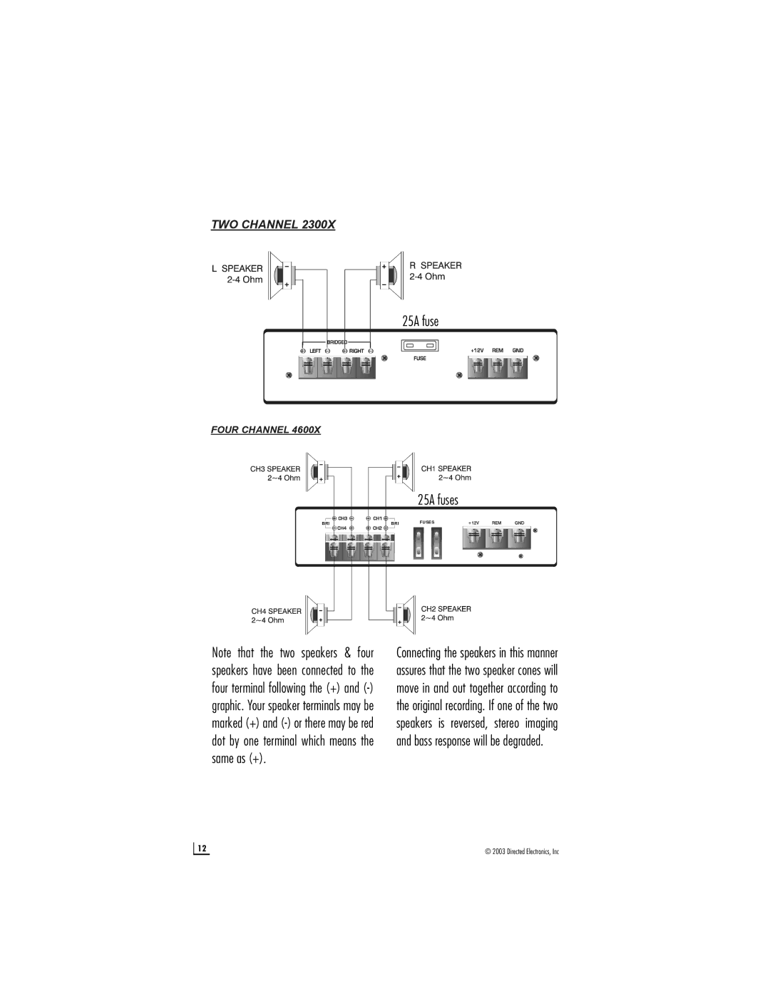 Directed Audio 1500X, 2300X, 4600X manual 25A fuse, Four Channel 