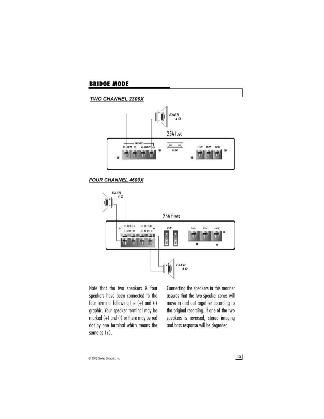 Directed Audio 2300X, 1500X, 4600X manual Bridge Mode, Speaker 