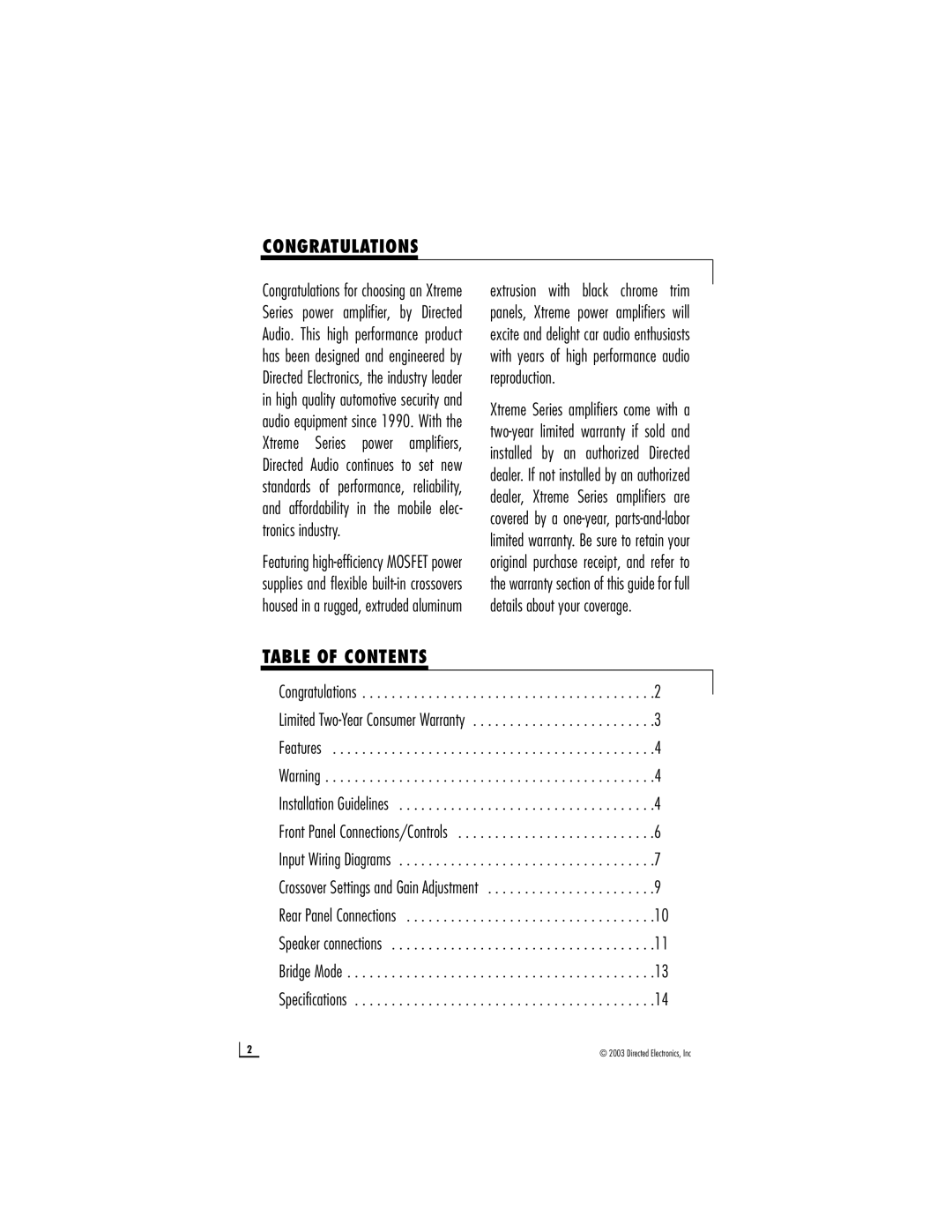 Directed Audio 4600X, 1500X, 2300X manual Congratulations, Table of Contents 